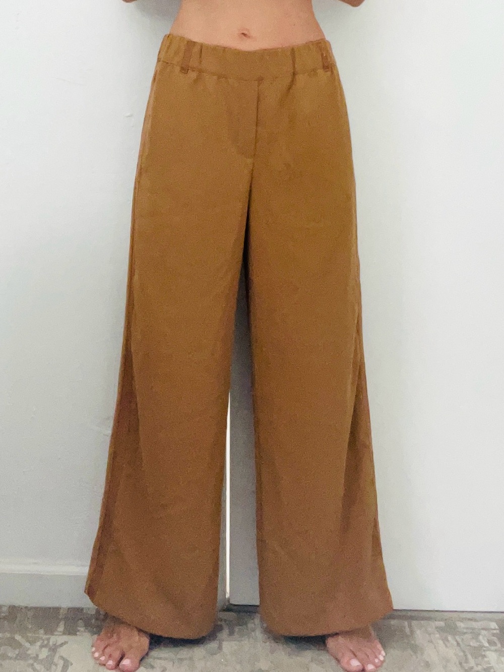 ANTHROPOLOGIE CAMEL BROWN tone on tone stripe flowy PANTS S/M